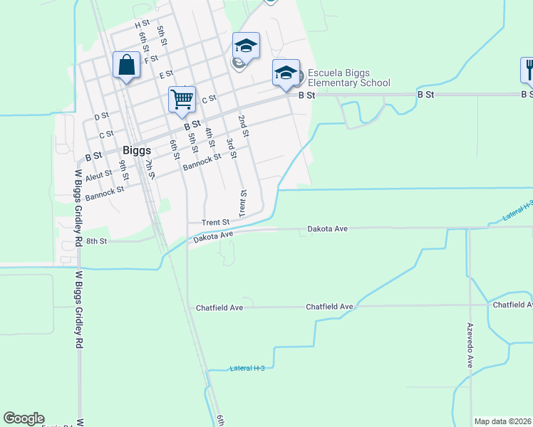 map of restaurants, bars, coffee shops, grocery stores, and more near 2880 2nd Street in Biggs
