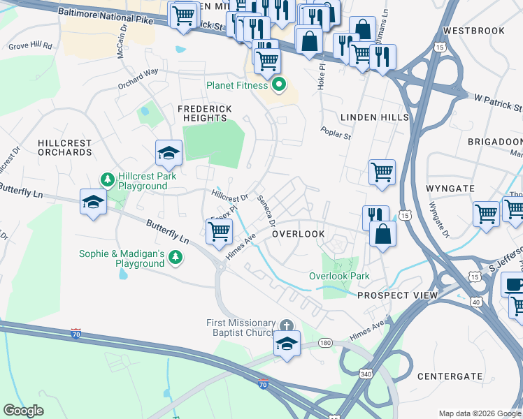 map of restaurants, bars, coffee shops, grocery stores, and more near 601 Himes Avenue in Frederick