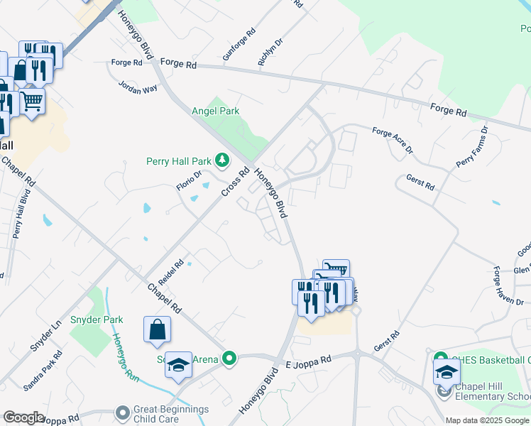 map of restaurants, bars, coffee shops, grocery stores, and more near 4500L Talcott Terrace in Perry Hall