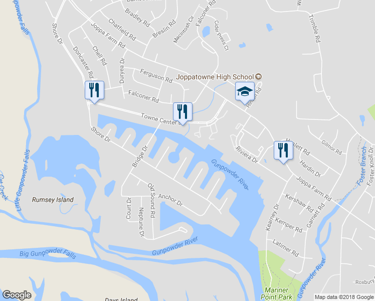 map of restaurants, bars, coffee shops, grocery stores, and more near 134 Ravenswood Court in Harford County