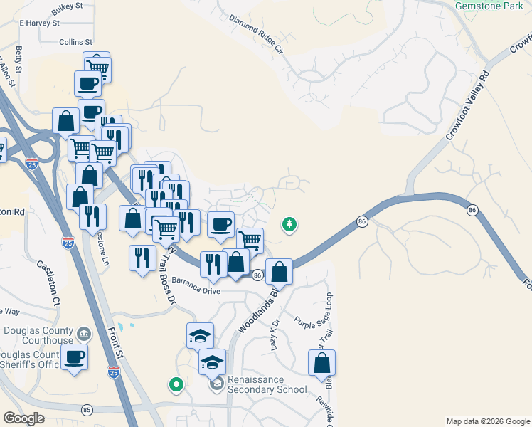 map of restaurants, bars, coffee shops, grocery stores, and more near 895 Ironspur Court in Castle Rock