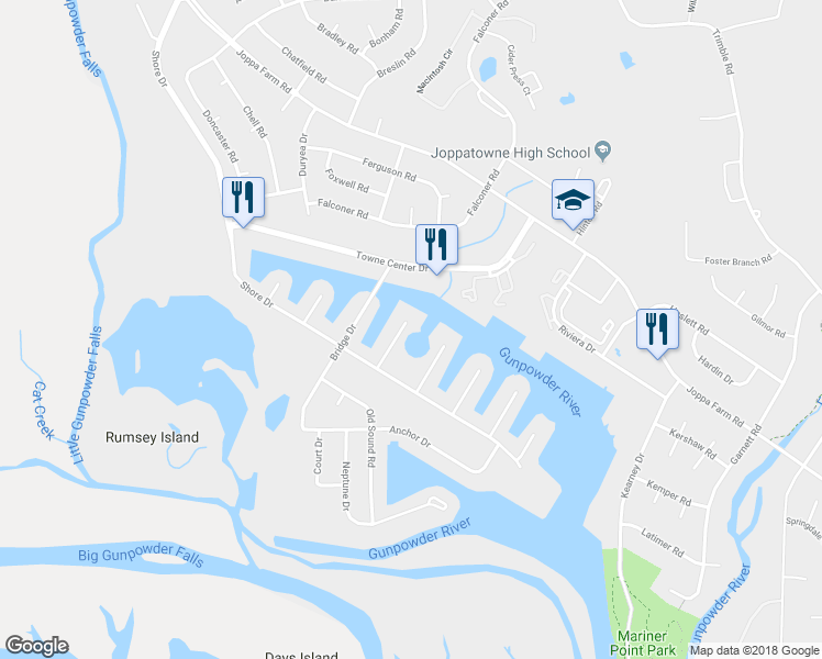 map of restaurants, bars, coffee shops, grocery stores, and more near 123 Breakwater Court in Harford County