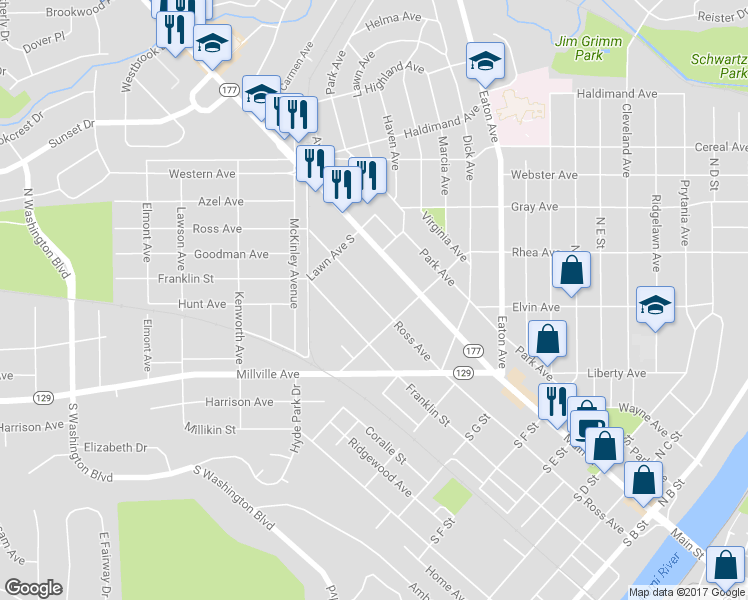 map of restaurants, bars, coffee shops, grocery stores, and more near 831 Ross Avenue in Hamilton