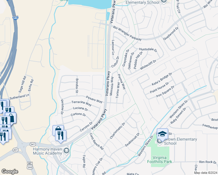 map of restaurants, bars, coffee shops, grocery stores, and more near 11205 Messina Way in Reno