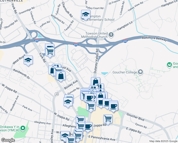 map of restaurants, bars, coffee shops, grocery stores, and more near 908 Locustvale Road in Towson