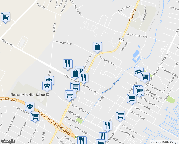 map of restaurants, bars, coffee shops, grocery stores, and more near 1014 North New Road in Pleasantville