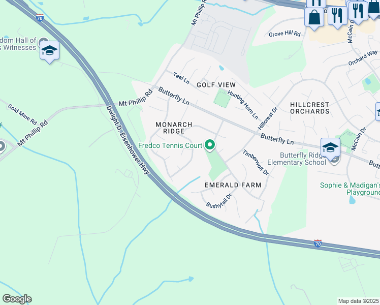 map of restaurants, bars, coffee shops, grocery stores, and more near 701 Angelwing Lane in Frederick