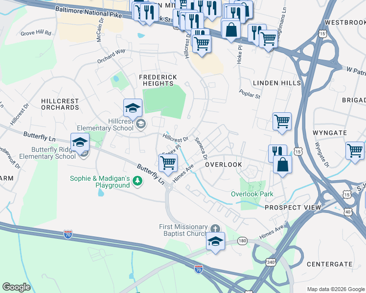 map of restaurants, bars, coffee shops, grocery stores, and more near 508 Essex Place in Frederick