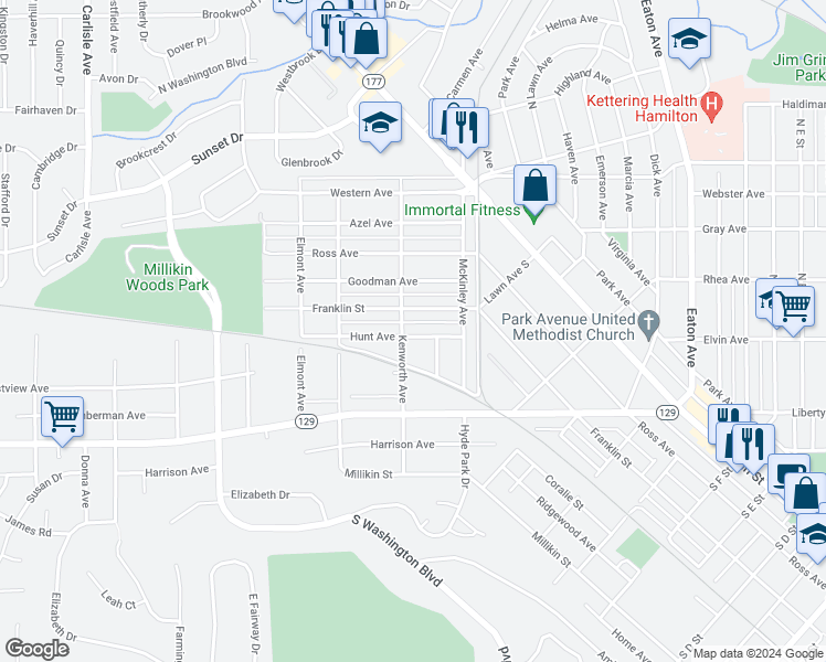 map of restaurants, bars, coffee shops, grocery stores, and more near 1040 Hunt Avenue in Hamilton
