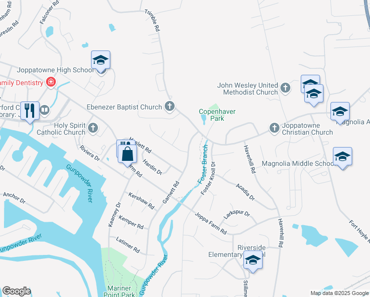 map of restaurants, bars, coffee shops, grocery stores, and more near 500 Garnett Road in Harford County