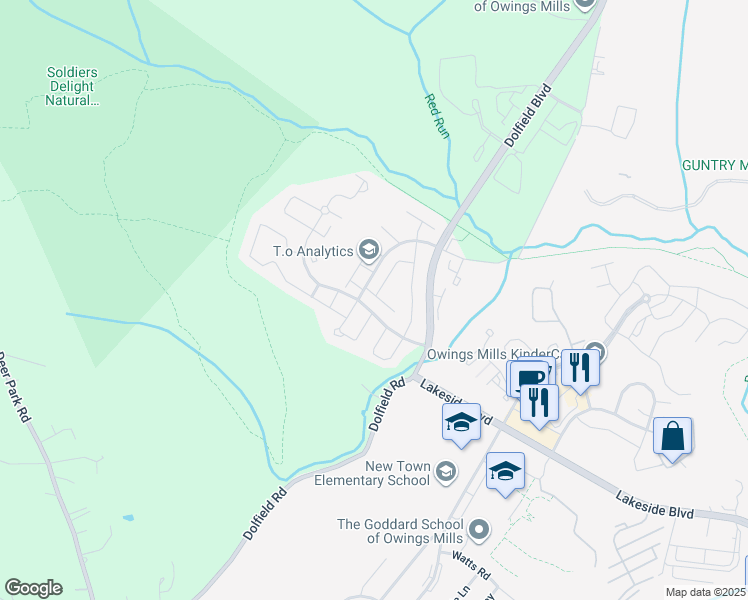 map of restaurants, bars, coffee shops, grocery stores, and more near 17 Bank Spring Court in Owings Mills