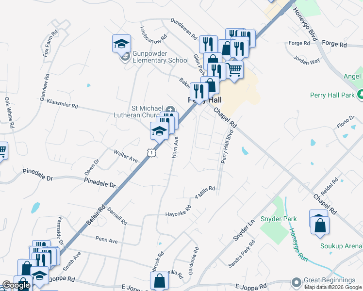map of restaurants, bars, coffee shops, grocery stores, and more near 9527 Horn Avenue in Nottingham