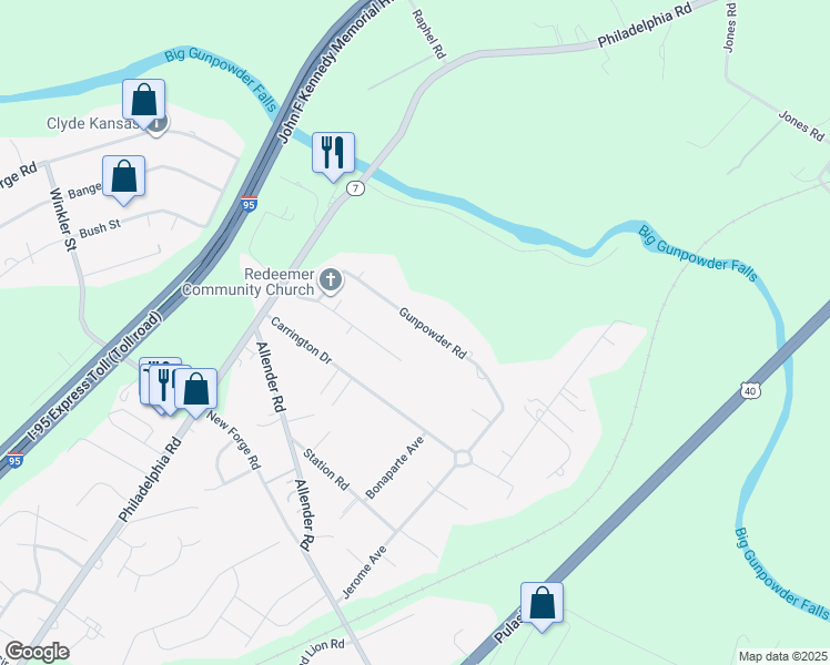 map of restaurants, bars, coffee shops, grocery stores, and more near 5644 Gunpowder Road in White Marsh