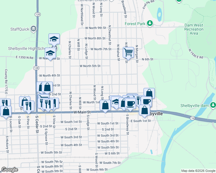 map of restaurants, bars, coffee shops, grocery stores, and more near 308 West North 3rd Street in Shelbyville