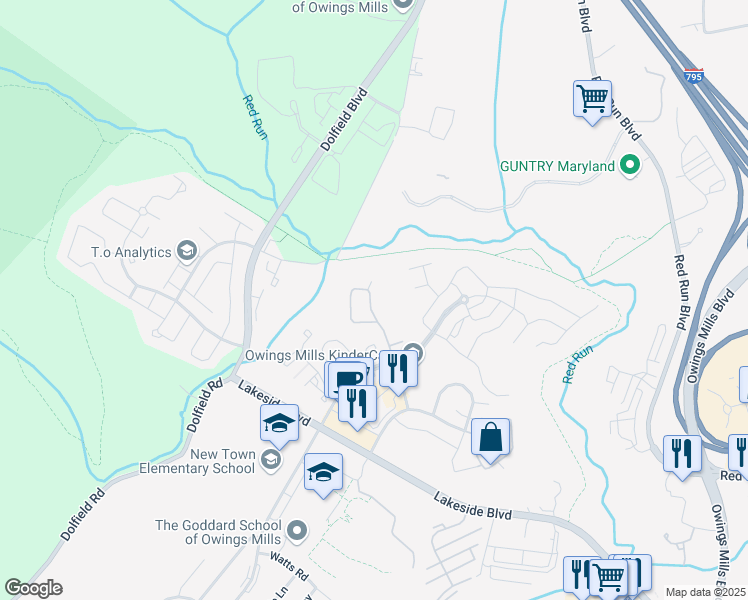 map of restaurants, bars, coffee shops, grocery stores, and more near 9809 Windswept Court in Owings Mills
