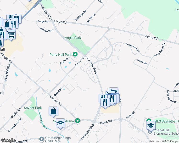 map of restaurants, bars, coffee shops, grocery stores, and more near 4500L Talcott Terrace in Perry Hall
