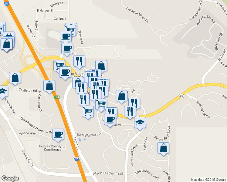 map of restaurants, bars, coffee shops, grocery stores, and more near 498 Lost Valley Place in Castle Rock