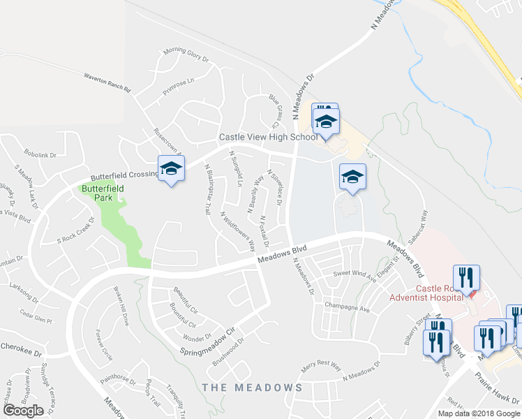map of restaurants, bars, coffee shops, grocery stores, and more near 4779 North Foxtail Drive in Castle Rock