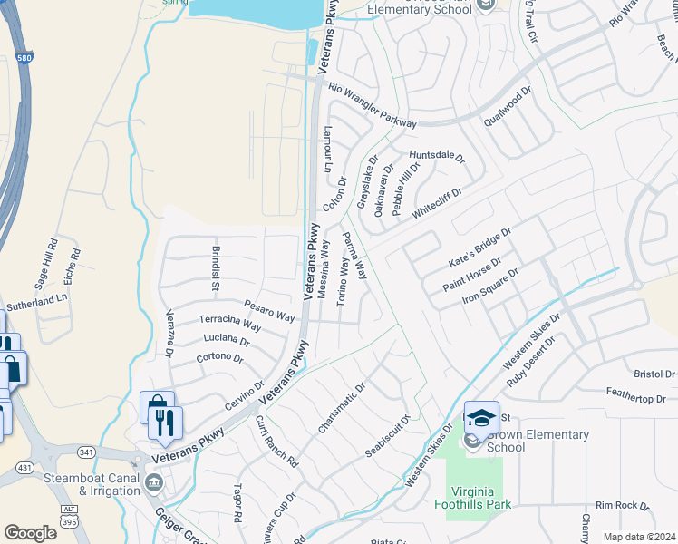 map of restaurants, bars, coffee shops, grocery stores, and more near 11285 Torino Way in Reno