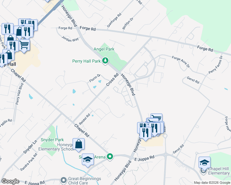 map of restaurants, bars, coffee shops, grocery stores, and more near 9602 Amberleigh Lane in Perry Hall