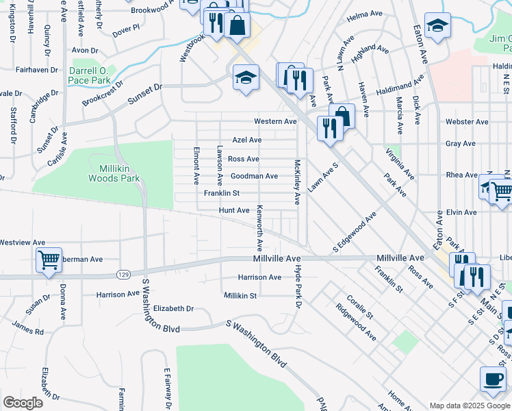 map of restaurants, bars, coffee shops, grocery stores, and more near 1102 Hunt Ave in Hamilton