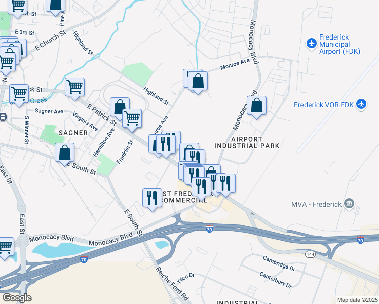 map of restaurants, bars, coffee shops, grocery stores, and more near 9 Davis Avenue in Frederick