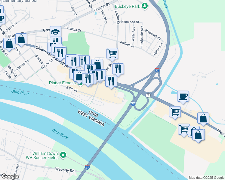 map of restaurants, bars, coffee shops, grocery stores, and more near 502 Pike Street in Marietta