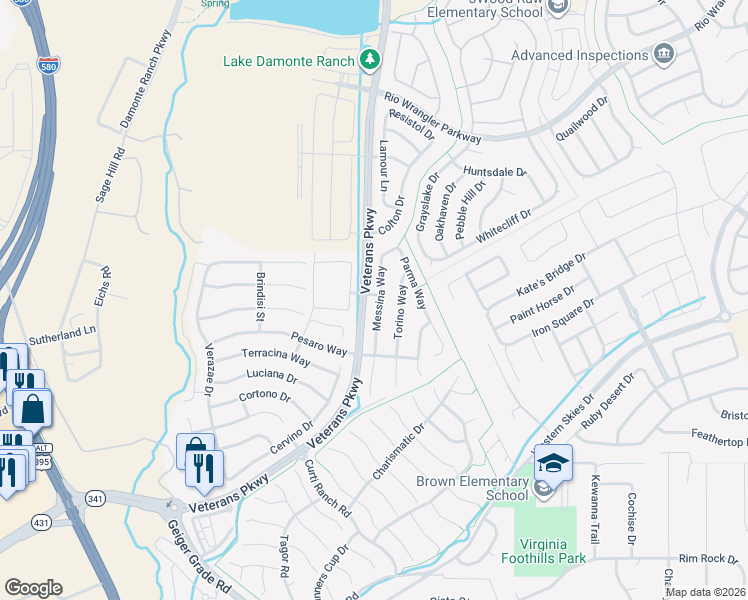 map of restaurants, bars, coffee shops, grocery stores, and more near 11205 Messina Way in Reno