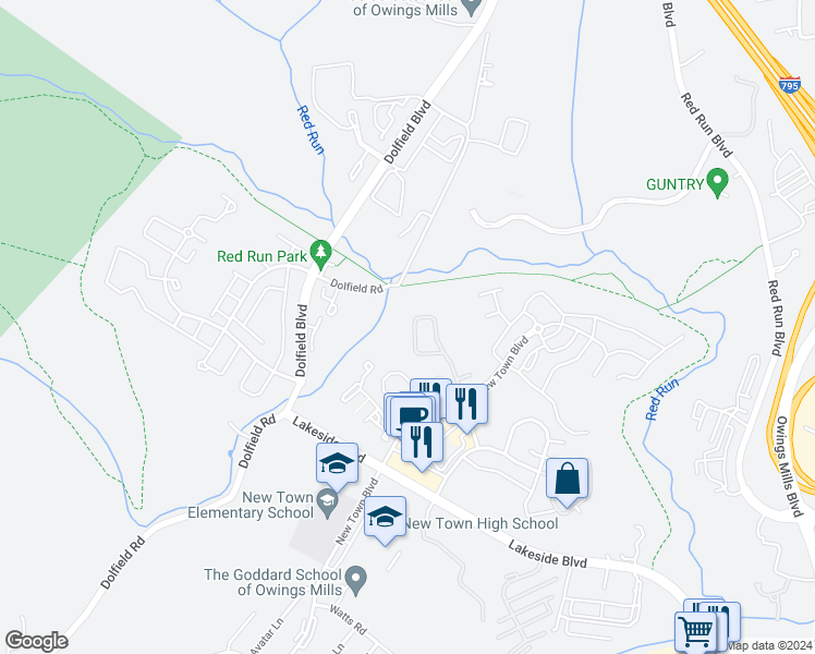map of restaurants, bars, coffee shops, grocery stores, and more near 9933 Middle Mill Drive in Owings Mills