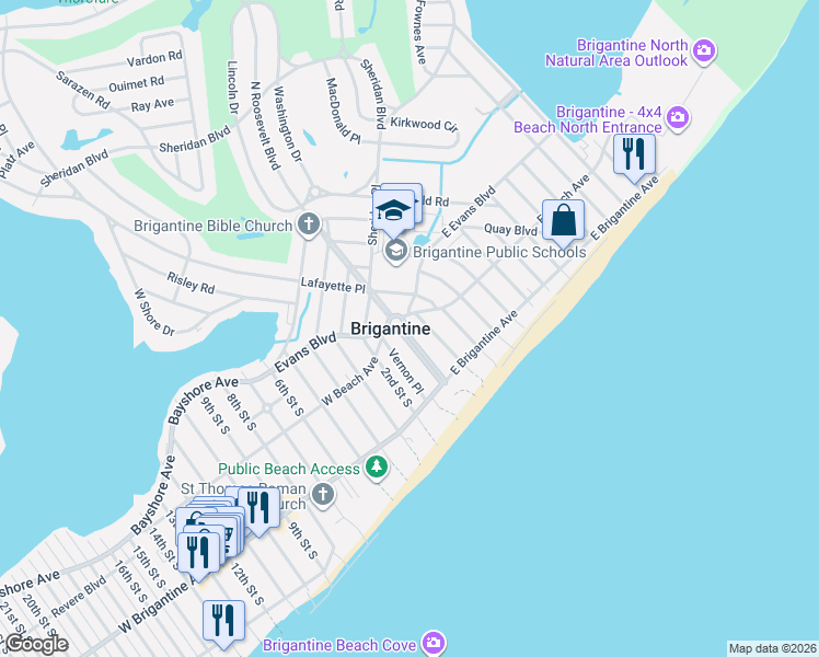 map of restaurants, bars, coffee shops, grocery stores, and more near in Brigantine