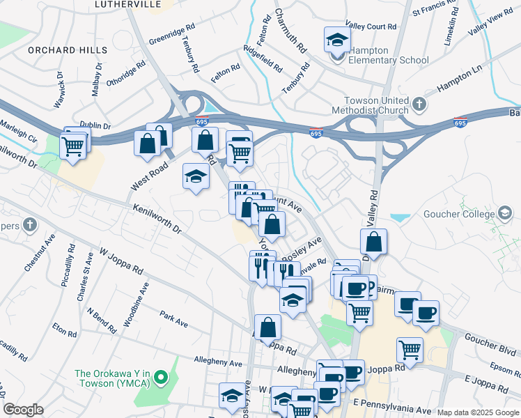 map of restaurants, bars, coffee shops, grocery stores, and more near 980 Radcliffe Road in Towson