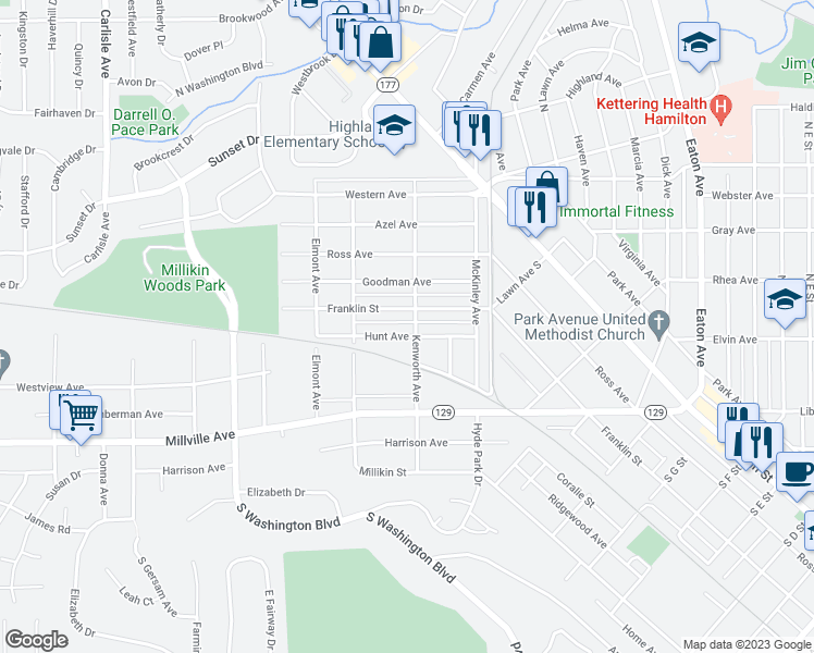 map of restaurants, bars, coffee shops, grocery stores, and more near 1114 Hunt Avenue in Hamilton