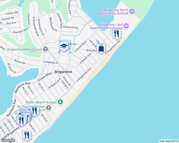 map of restaurants, bars, coffee shops, grocery stores, and more near 500 East Brigantine Avenue in Brigantine