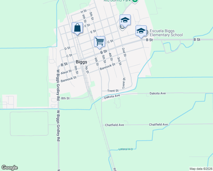 map of restaurants, bars, coffee shops, grocery stores, and more near 2883 5th Street in Biggs