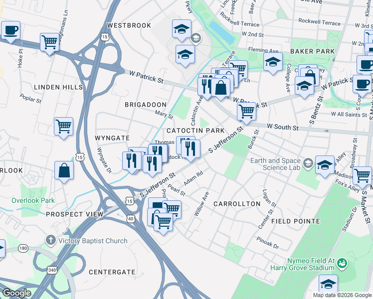 map of restaurants, bars, coffee shops, grocery stores, and more near 311 Braddock Avenue in Frederick