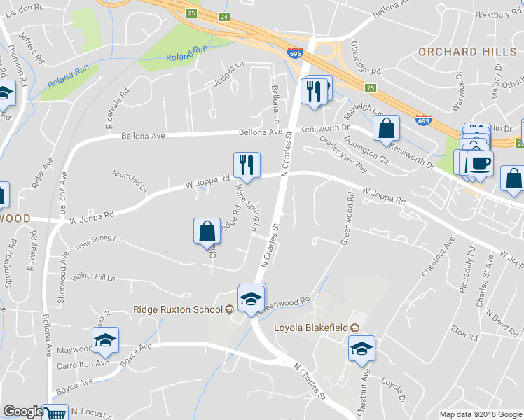 map of restaurants, bars, coffee shops, grocery stores, and more near 3 Wine Spring Garth in Towson