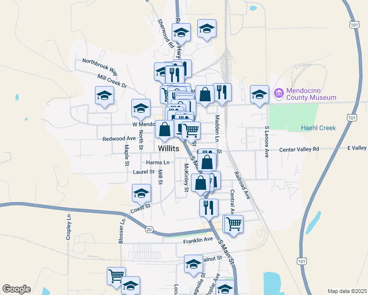 map of restaurants, bars, coffee shops, grocery stores, and more near 258 South Main Street in Willits