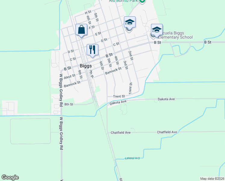 map of restaurants, bars, coffee shops, grocery stores, and more near 2883 5th Street in Biggs