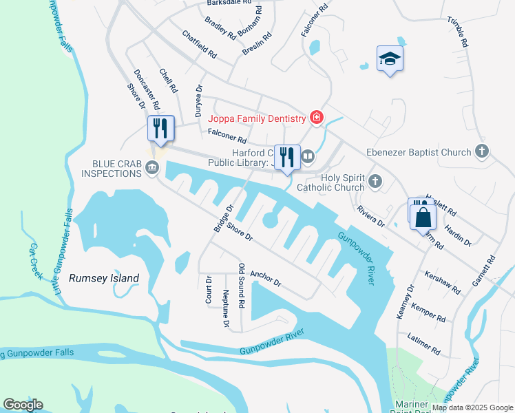 map of restaurants, bars, coffee shops, grocery stores, and more near 122 Breakwater Court in Joppatowne