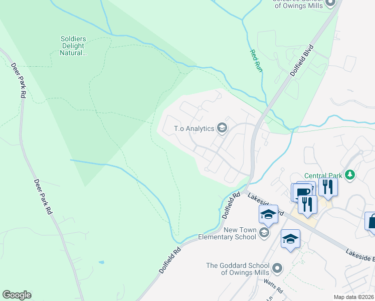 map of restaurants, bars, coffee shops, grocery stores, and more near 9809 Sherwood Farm Road in Owings Mills