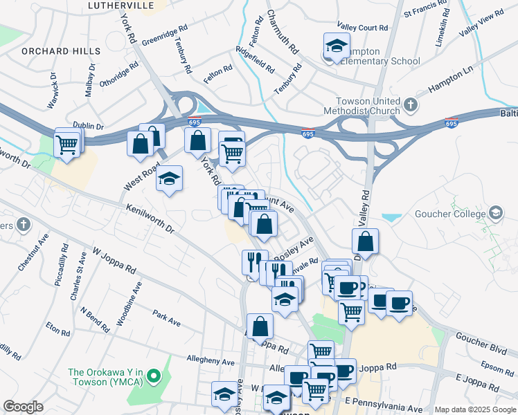 map of restaurants, bars, coffee shops, grocery stores, and more near 981 Radcliffe Road in Towson