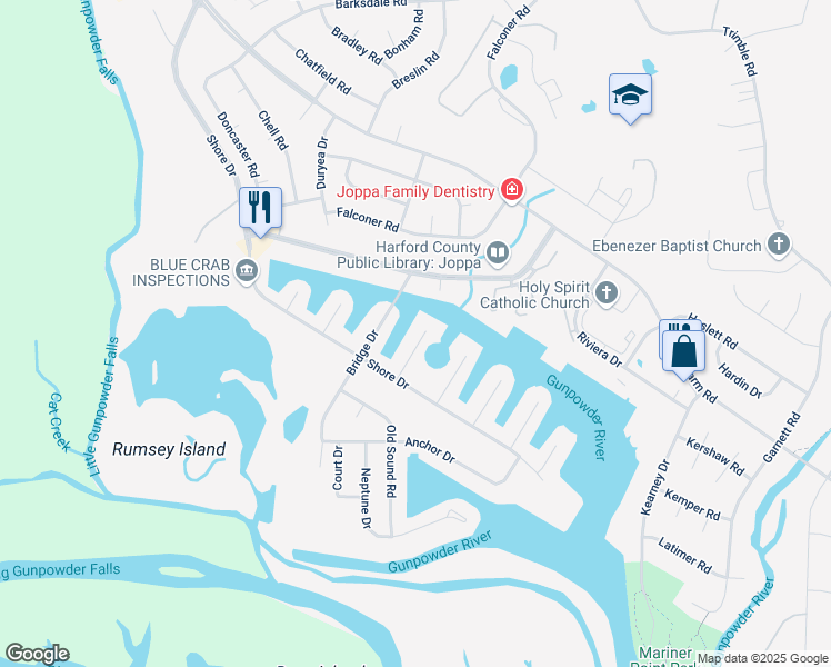 map of restaurants, bars, coffee shops, grocery stores, and more near 122 Breakwater Court in Joppatowne