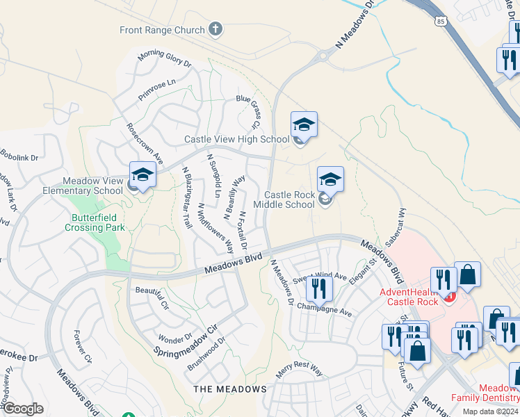 map of restaurants, bars, coffee shops, grocery stores, and more near 4812 North Silverlace Drive in Castle Rock