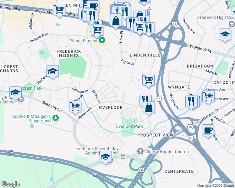 map of restaurants, bars, coffee shops, grocery stores, and more near 506 Goldspire Cir in Frederick