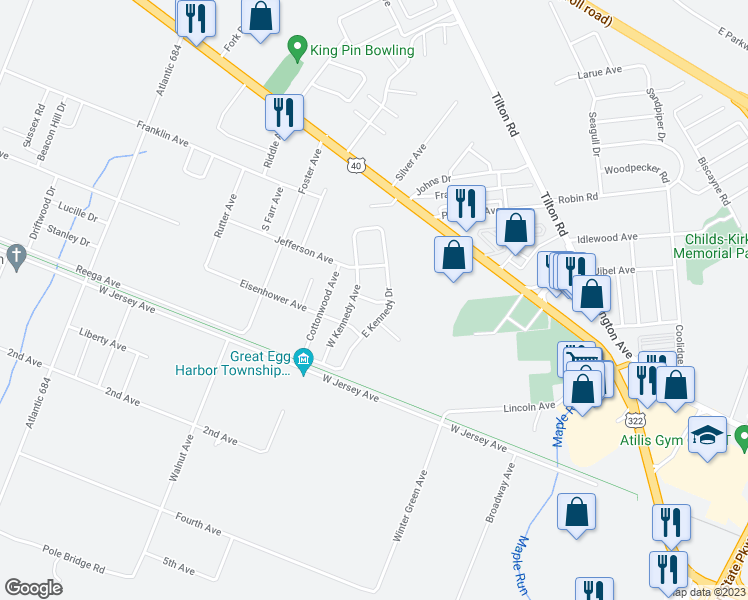 map of restaurants, bars, coffee shops, grocery stores, and more near 250 East Kennedy Drive in Egg Harbor Township