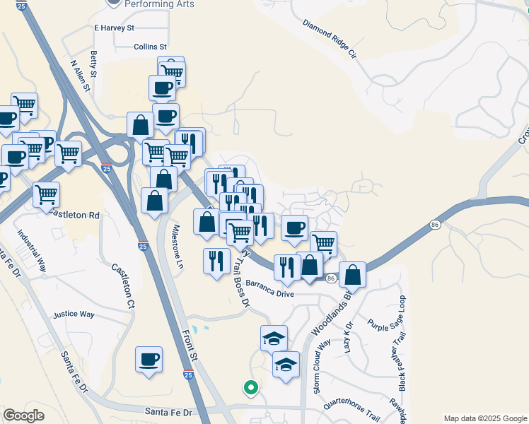 map of restaurants, bars, coffee shops, grocery stores, and more near 498 Lost Valley Place in Castle Rock