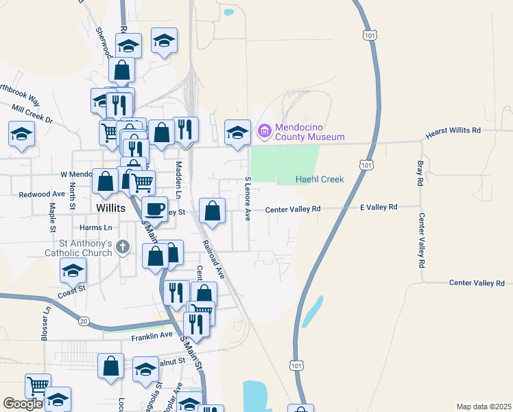 map of restaurants, bars, coffee shops, grocery stores, and more near 400 East Valley Street in Willits
