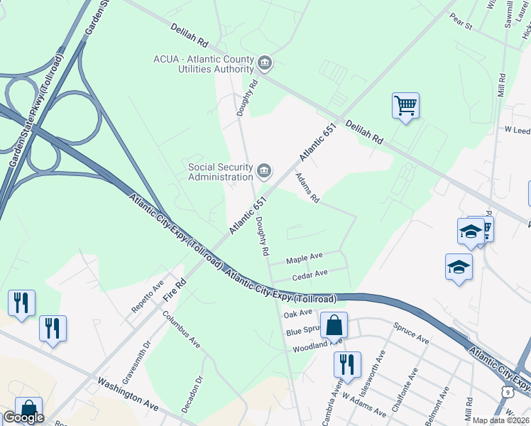 map of restaurants, bars, coffee shops, grocery stores, and more near 1400 Doughty Road in Egg Harbor Township