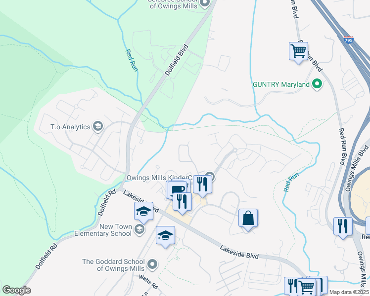 map of restaurants, bars, coffee shops, grocery stores, and more near 9910 Middle Mill Drive in Owings Mills
