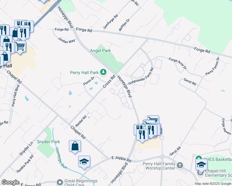 map of restaurants, bars, coffee shops, grocery stores, and more near 9601 Amberleigh Lane in Perry Hall